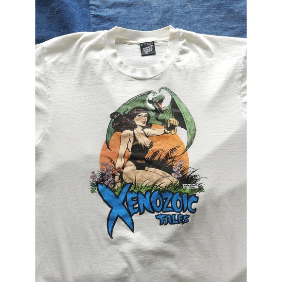 Vintage 1980s 90s Xenozoic Tales Comic Book Fantasy T-shirt Mark Schultz White L - Picture 2 of 9